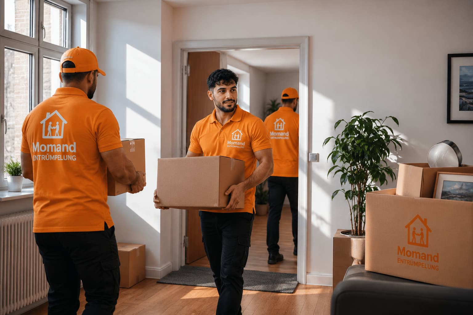 Momand Entrümpelung Dortmund – Team in orangefarbenen Polos bei einer Haushaltsauflösung