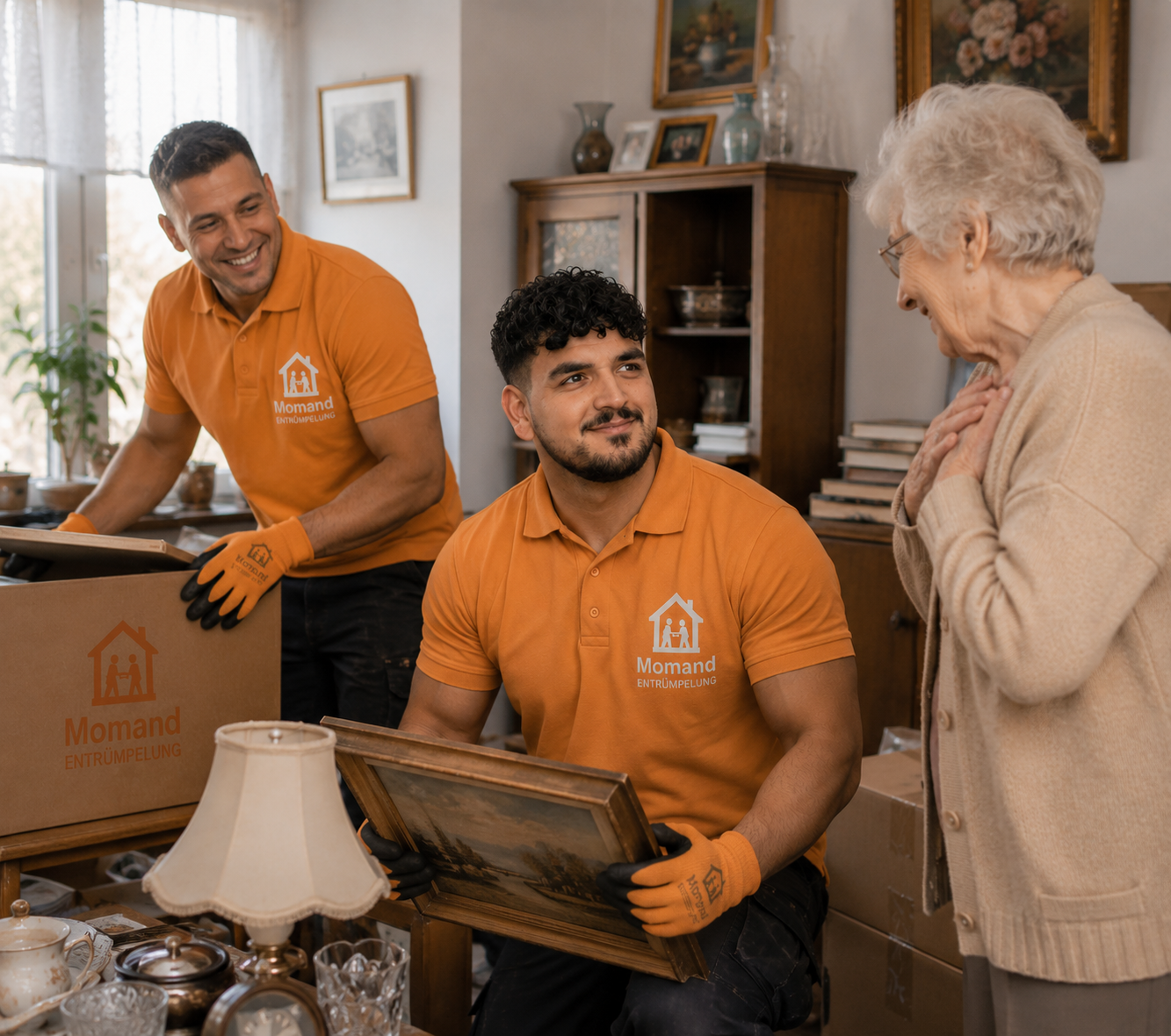 Momand übergibt einer Seniorin ein Bild bei einer Haushaltsauflösung in Dortmund